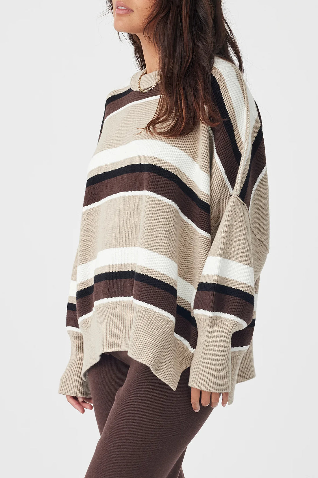 Harper Stripe Sweater Taupe | Chocolate