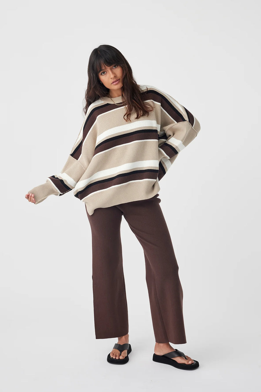 Harper Stripe Sweater Taupe | Chocolate