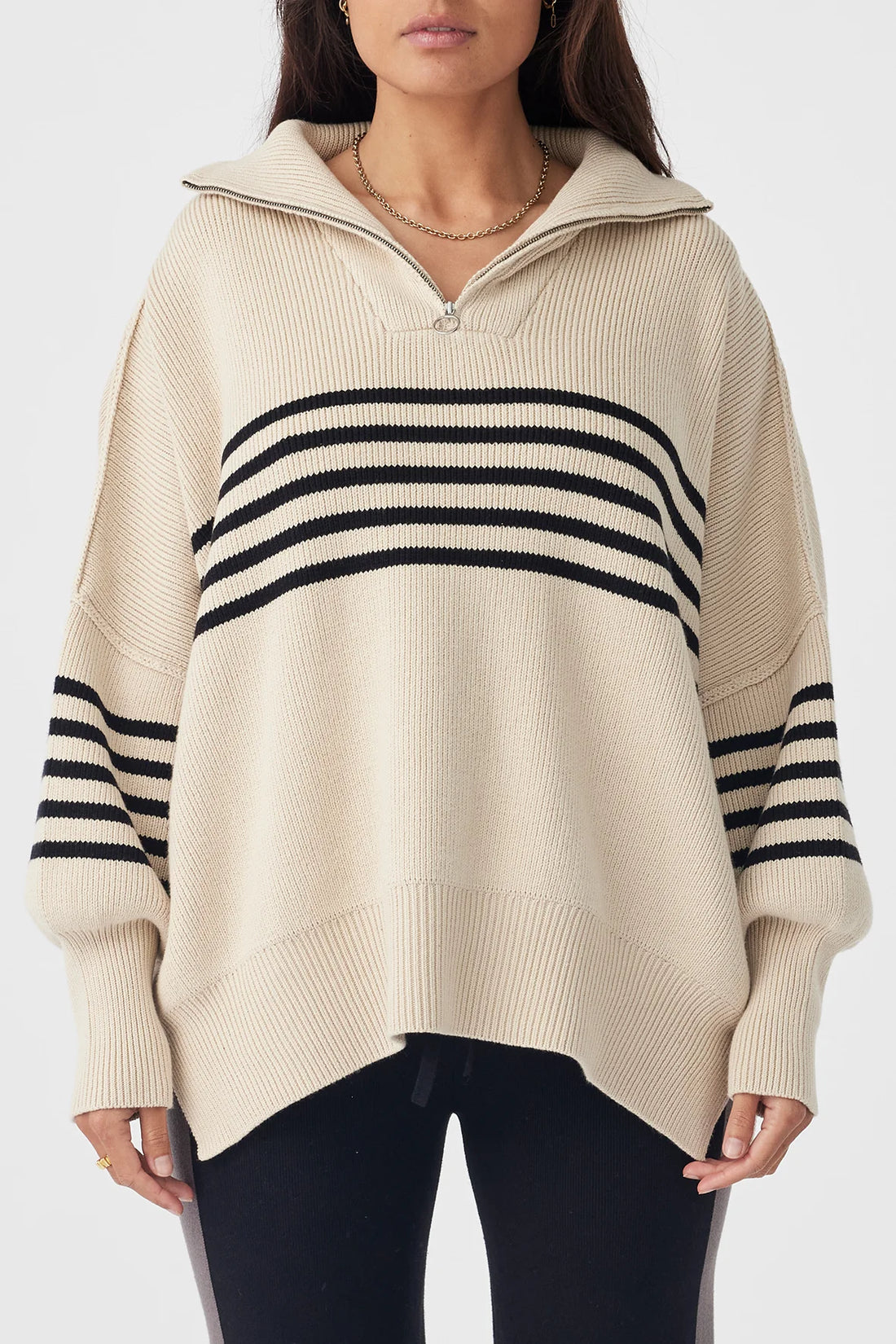 London Zip Sweater Stripe Sand | Black