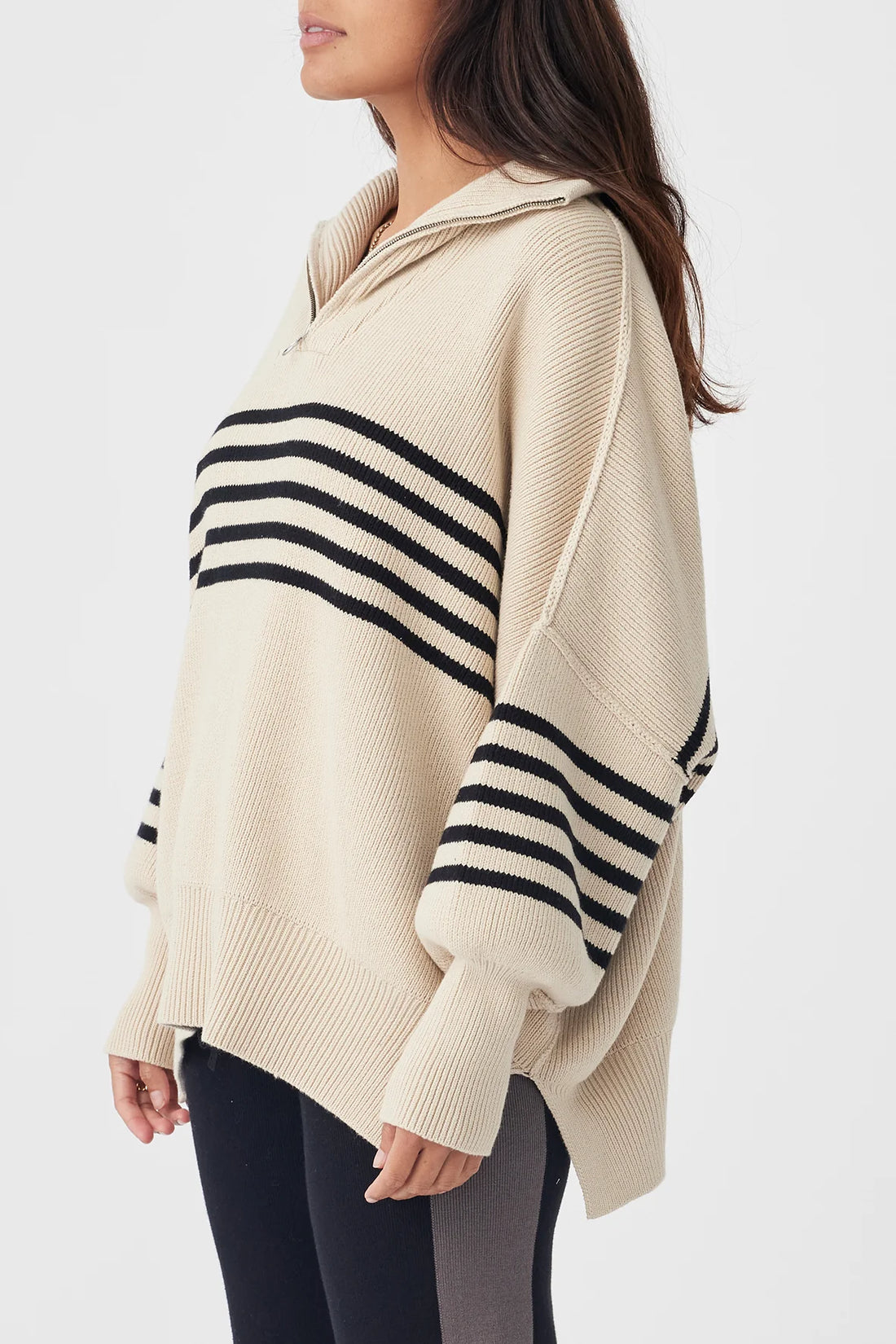 London Zip Sweater Stripe Sand | Black