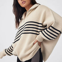 London Zip Sweater Stripe Sand | Black