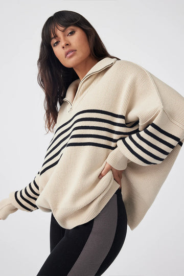 London Zip Sweater Stripe Sand | Black