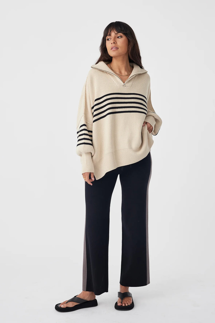 London Zip Sweater Stripe Sand | Black