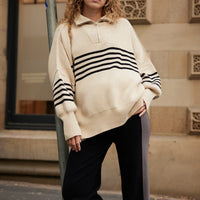 London Zip Sweater Stripe Sand | Black