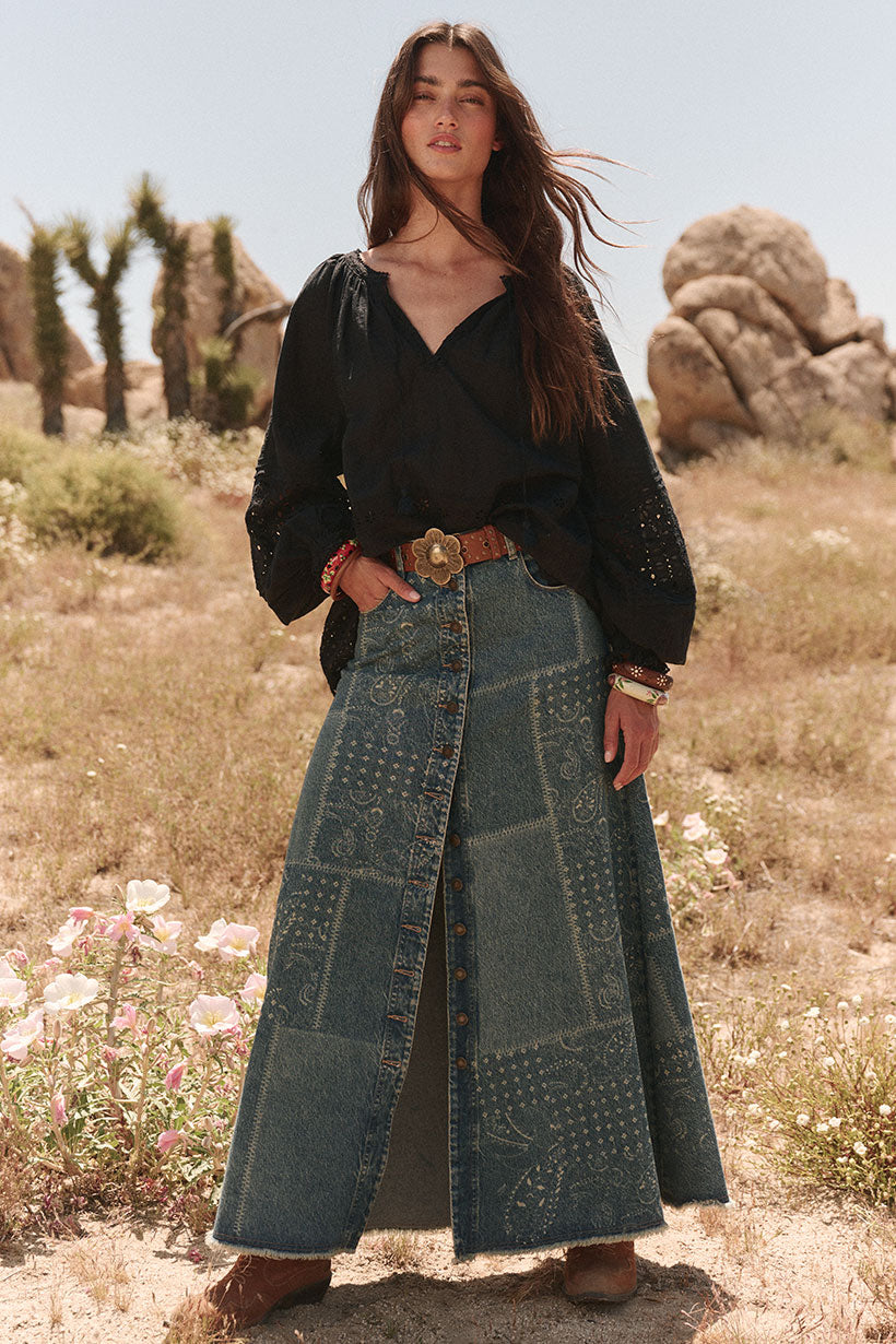 Road Trip Denim Maxi Skirt Bandana