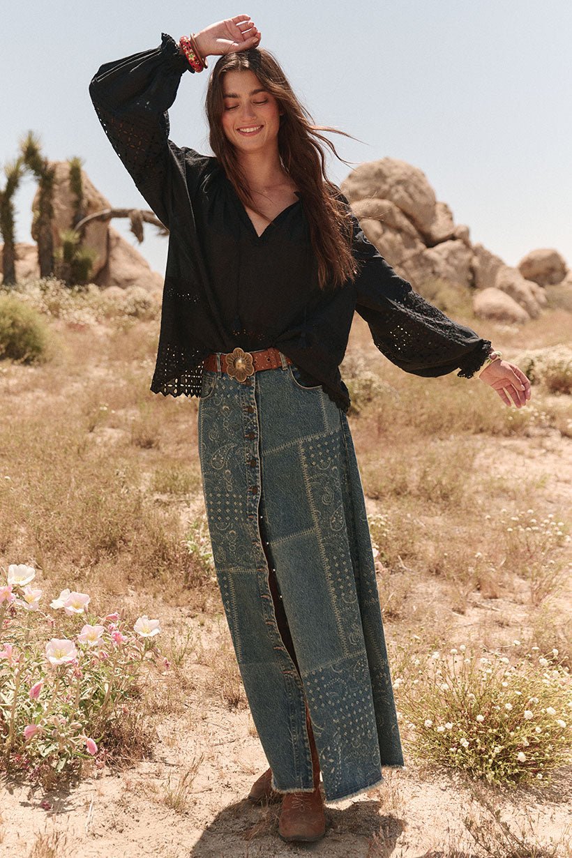 Road Trip Denim Maxi Skirt Bandana