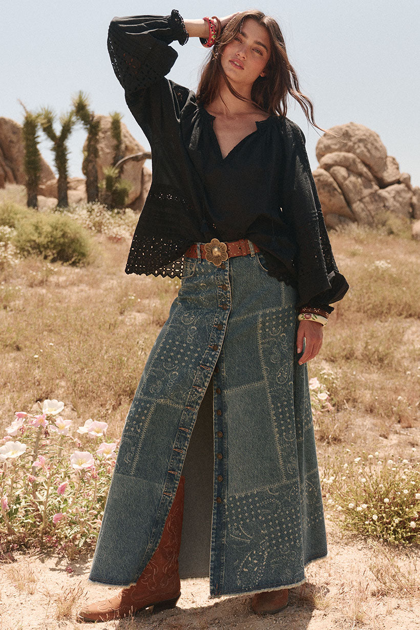 Road Trip Denim Maxi Skirt Bandana