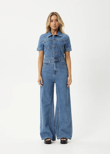 Miami Hemp Denim Flared Leg Jumpsuit Worn Blue